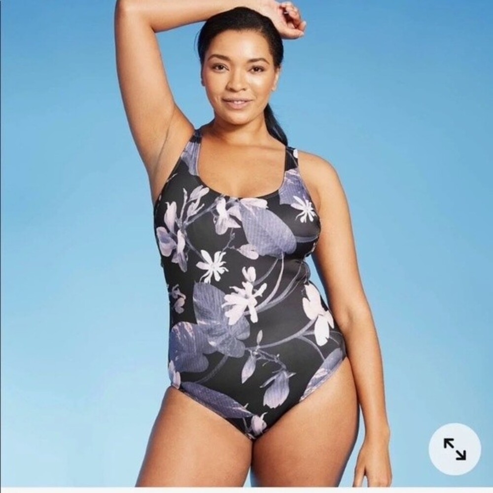 ALL IN MOTION 14W black floral one piece medium coverage sun protection NEW